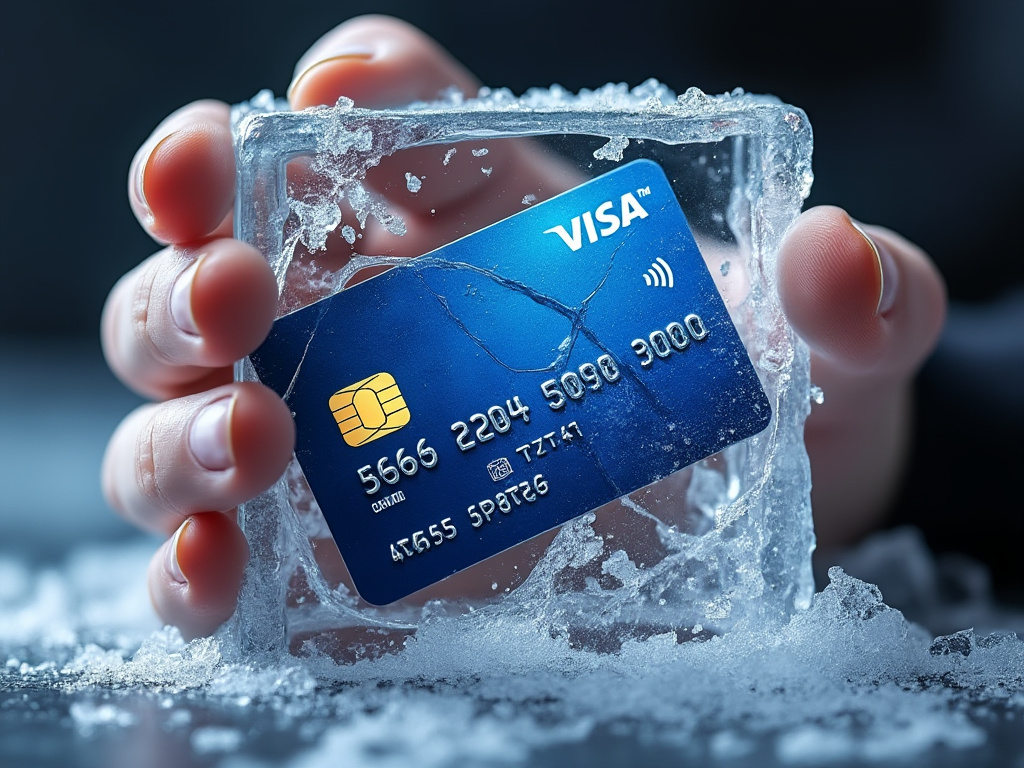 Credit card frozen in ice, symbolizing debt and financial freeze