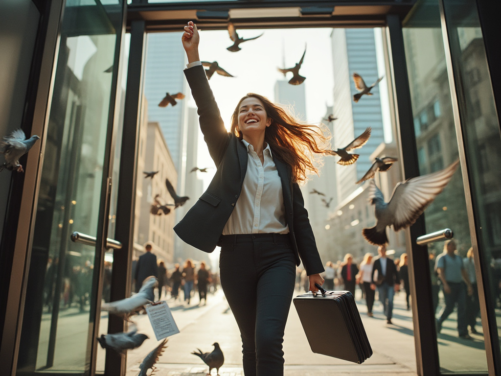 Happy office worker celebrating freedom and work-life balance in a bright modern office