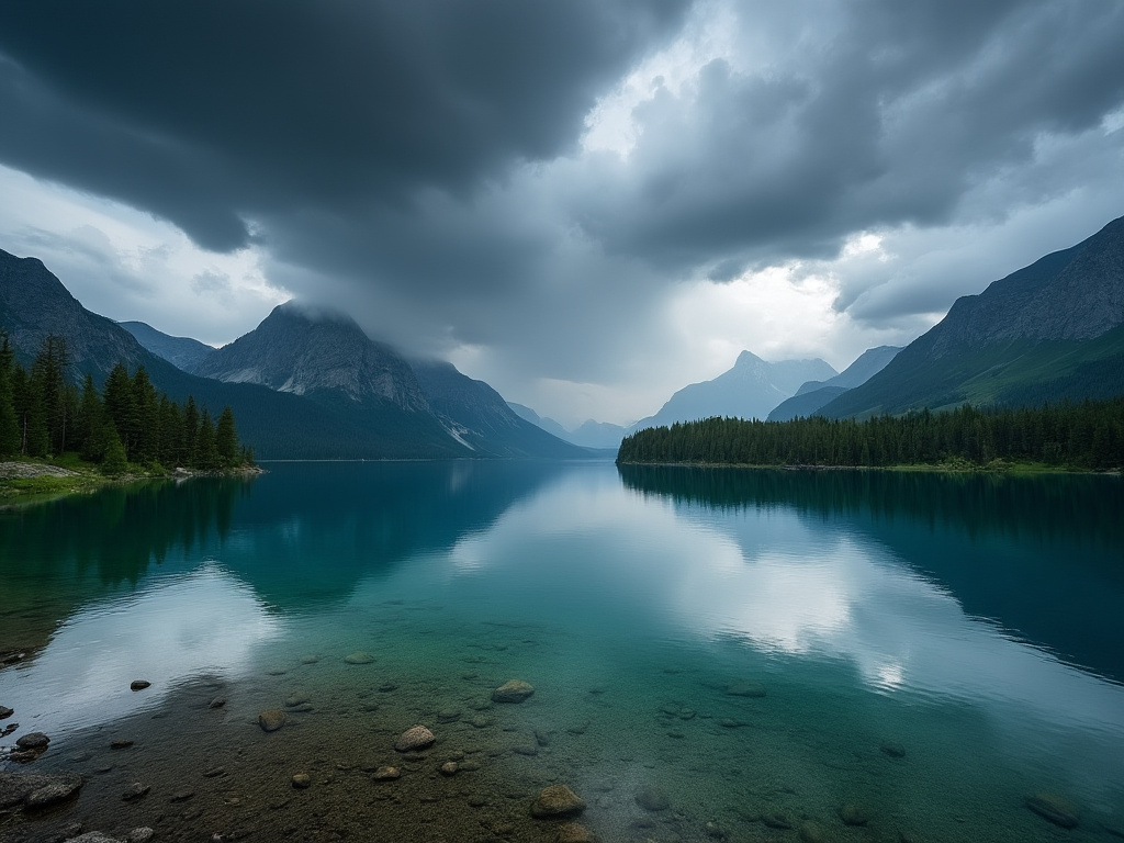 Serene mountain lake under a cloudy sky, perfect representation of peaceful morning routines