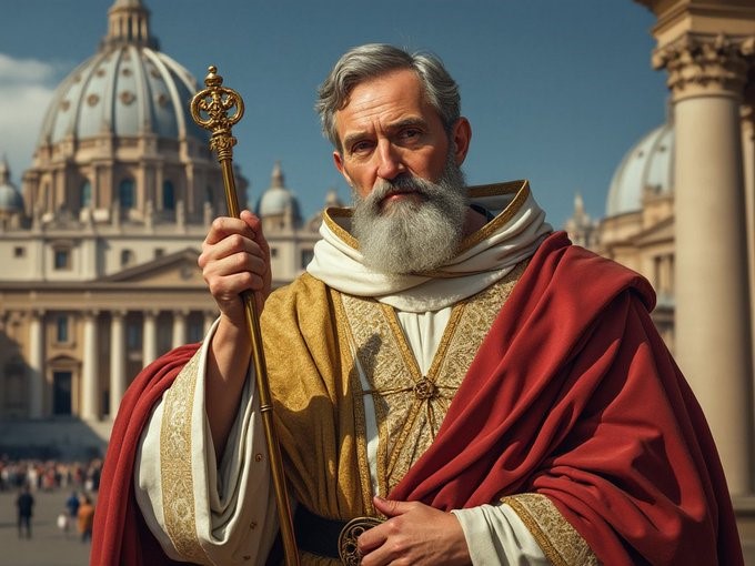 A digital collage of Pope Francis and Saint Peter symbolizing the historical evolution of the papacy in the Catholic Church.