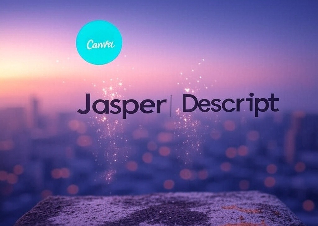 Logo graphic showing Jasper and Descript over a purple sunset background, representing AI content tools.